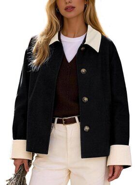 Women's Jackets Cropped Trench Coat Contrast Collar Button Down Loose Black